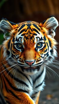 A powerful tiger stands in a lush green environment, showcasing its vibrant orange and black stripes. The animal looks directly at the viewer with piercing eyes, exuding both strength and grace.