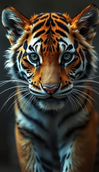 A close-up of a tiger showcases its striking fur pattern and piercing blue eyes. The animal appears alert and presents a commanding presence in its environment.