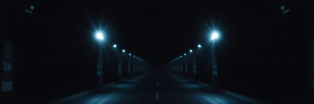 A deserted urban street at night is lit by faint blue streetlights, creating an eerie atmosphere. Shadows loom as the scene evokes feelings of solitude and intrigue.