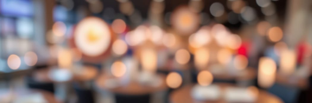 A bustling dining space showcases round tables and chairs set for guests. Warm lights create an inviting ambiance, enhancing the lively atmosphere of a popular restaurant in the evening.