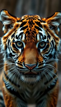 A majestic tiger stares directly at the viewer, displaying its vibrant orange and black stripes. This powerful creature is captured in its natural setting, radiating strength and beauty.