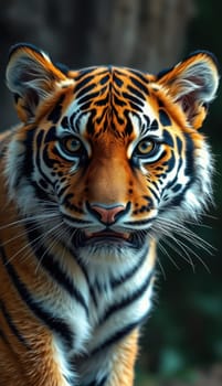 A vibrant tiger with striking orange and black stripes stares intently into the camera. Its strong presence stands out against a blurred backdrop of greenery in natural light.
