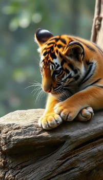 A young tiger with distinctive orange and black stripes is perched on a wooden log, looking serene in a vibrant forest setting filled with green foliage.