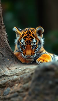 A young tiger lies calmly near a large tree trunk, its striking orange and black stripes blending with the forest setting, eyes focused on the environment around it.