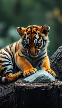 A young tiger cub explores its surroundings, curiously playing with a stone atop a log. The vibrant orange and black stripes of its fur contrast with the earthy tones around.