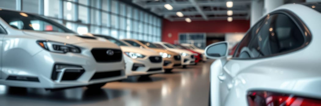 A showroom features a line of sleek, modern vehicles on display. Bright lighting highlights the design and details of each car, attracting potential buyers interested in new models.