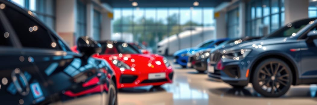 A sleek showroom showcases an array of luxury sports cars in vibrant colors. Sunlight pours through large windows, highlighting the elegant lines and designs of each vehicle.