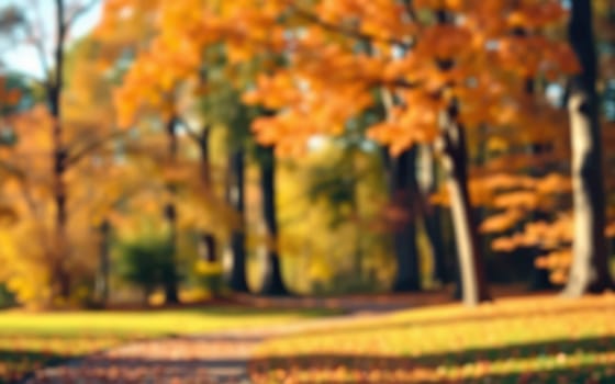Autumn leaves create a vibrant tapestry of orange and yellow in a peaceful park. A winding path invites visitors to enjoy the tranquil scenery under clear skies.