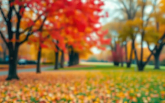 Bright red, orange, and yellow leaves cover the ground and trees in a city park, creating a warm and inviting atmosphere on a clear autumn day.