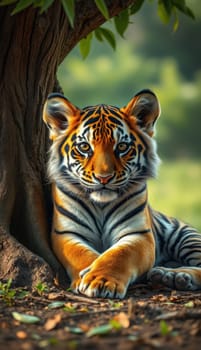 A young tiger lounges peacefully at the base of a tree, showcasing its striking orange and black stripes. The background features vibrant greenery, indicating a natural habitat.