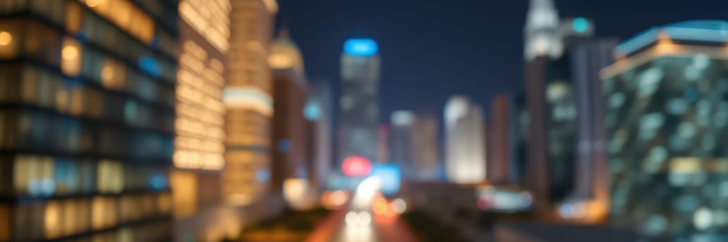 A bustling city skyline features tall buildings adorned with bright lights at night. Colorful neon signs and glowing windows create a lively ambiance in the urban landscape.