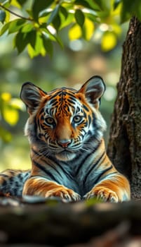 A magnificent tiger lies comfortably among the trees, its vibrant orange and black stripes contrasting with the green foliage.