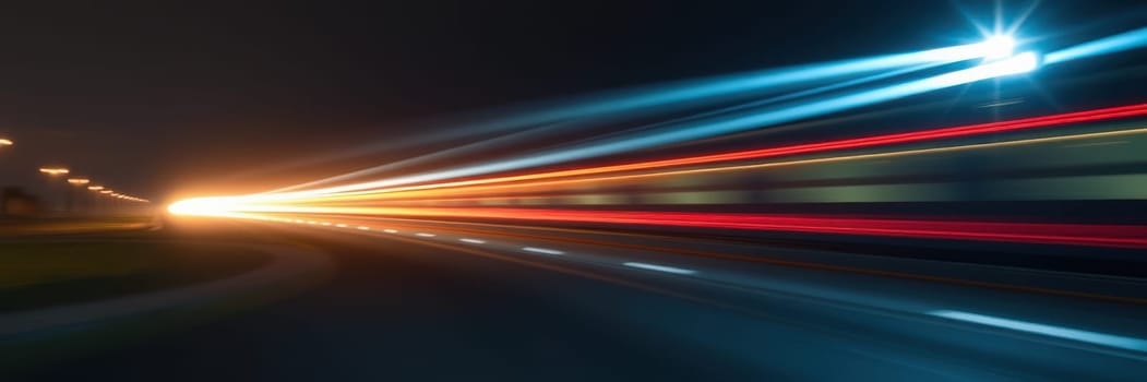 Bright light trails from moving vehicles streak across a dark urban road at night, showcasing the energy and motion of city life in an exhilarating display.
