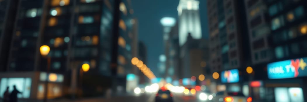 Bright city lights shine on a busy street at night, showcasing blurred cars and people in motion against a backdrop of skyscrapers and neon signs.