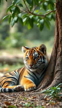 A beautiful tiger reclines against a sturdy tree trunk, surrounded by vibrant greenery and soft sunlight filtering through the leaves. The tiger's striking coat contrasts with the natural backdrop.
