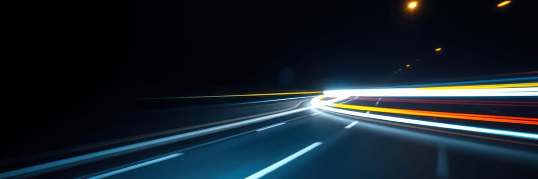 Bright trails of light from moving vehicles create a vibrant display along a dark highway, showcasing a busy night drive on an urban road.