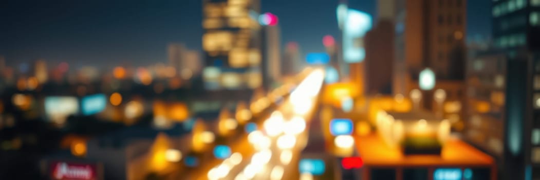 A bustling urban street comes alive at night, filled with colorful lights from buildings and traffic. Blurred visuals add a sense of movement in this vibrant metropolis.