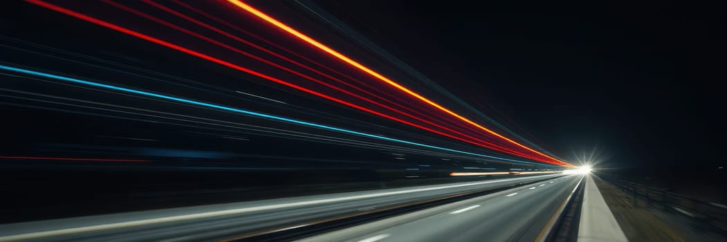 Bright streaks of red and blue lights travel along a dark highway at night. The long exposure technique captures the speed of vehicles making their way on the road.