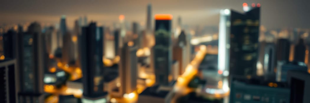 The vibrant city skyline showcases tall buildings glowing with lights during the night. The blurred outlines create a dynamic urban atmosphere filled with energy and movement.