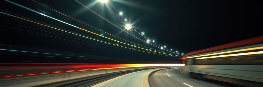 Bright light trails streak across a curved road illuminated by street lamps during nighttime, capturing the sense of speed and movement from passing vehicles.