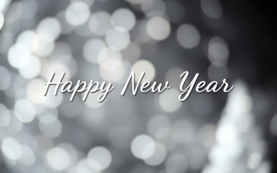 A festive backdrop filled with soft, blurred lights sets the tone for a New Year celebration. The greeting expresses joy and hope for the upcoming year.