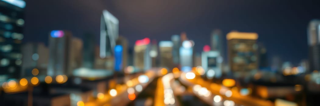 City skyline at night showcases tall buildings illuminated by colorful lights. Traffic flows on the road below, creating a vibrant urban atmosphere.