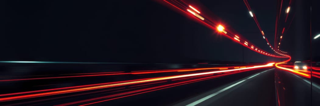 Bright red and white light trails weave through the darkness on a busy highway, creating a dynamic sense of movement and energy during late hours.