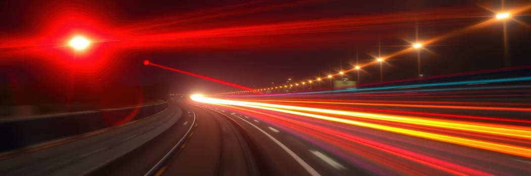 Bright light trails from passing cars illuminate the dark highway at night, while blurred streetlights create a dynamic atmosphere of speed and motion.