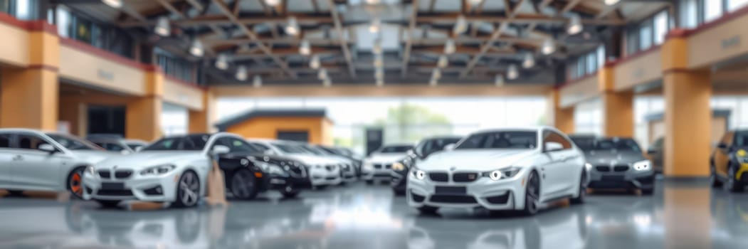 Various luxury cars are elegantly arranged in a contemporary showroom, highlighting sleek designs and vibrant colors under well-distributed lighting. The space feels inviting and upscale.