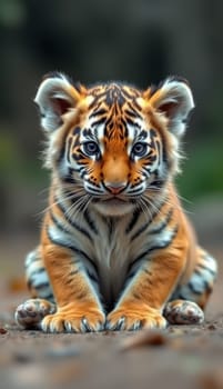 A young tiger sits on the ground, looking directly at the viewer with bright eyes. Its distinctive orange and black stripes are vivid.