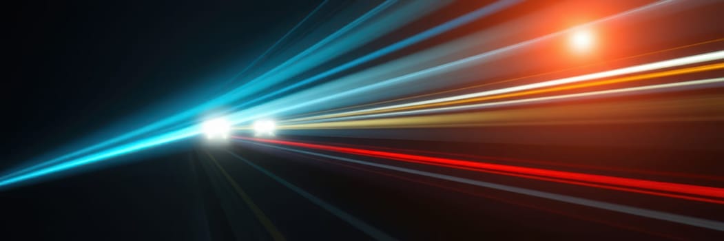 Bright headlights illuminate a dark road, leaving vibrant trails of light. The swirling colors suggest high speed and energy, capturing the essence of night driving.