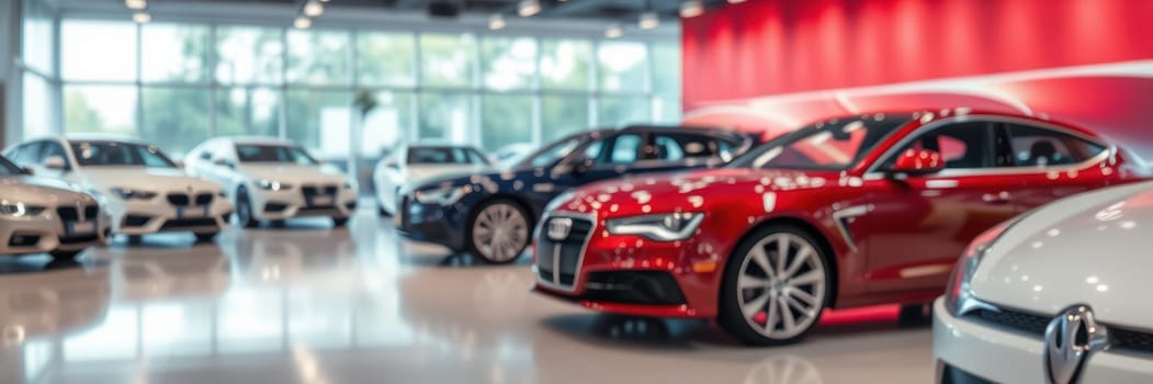 A selection of luxury cars is highlighted in a contemporary showroom. The red sports car stands out among various models, showcasing elegance and advanced design.