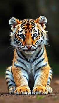 A young tiger is positioned in a forest setting, showcasing its striking orange and black stripes. The animal appears alert and curious, with an intense gaze that captures attention.
