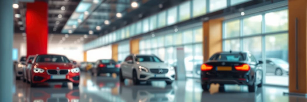 Several luxury cars showcase their sleek designs in a well-lit showroom. The contemporary space features high ceilings and attractive finishes, inviting potential buyers.