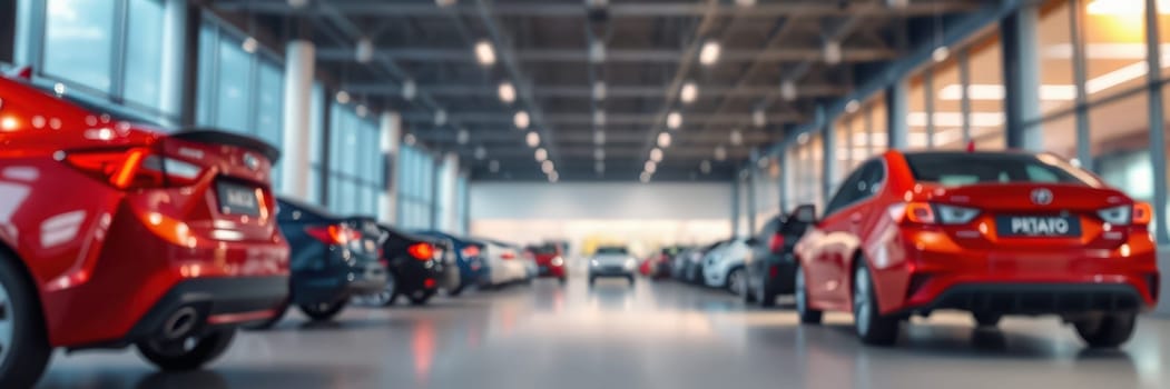 An indoor car dealership displays numerous vehicles parked in neat rows. Various colors and models are present, showcasing the latest automotive designs in a well-lit environment.
