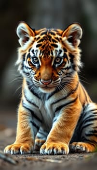 A young tiger cub sits gracefully, displaying its brilliant orange coat and bold black stripes. Its bright eyes reflect curiosity and playfulness in a lush, natural environment.