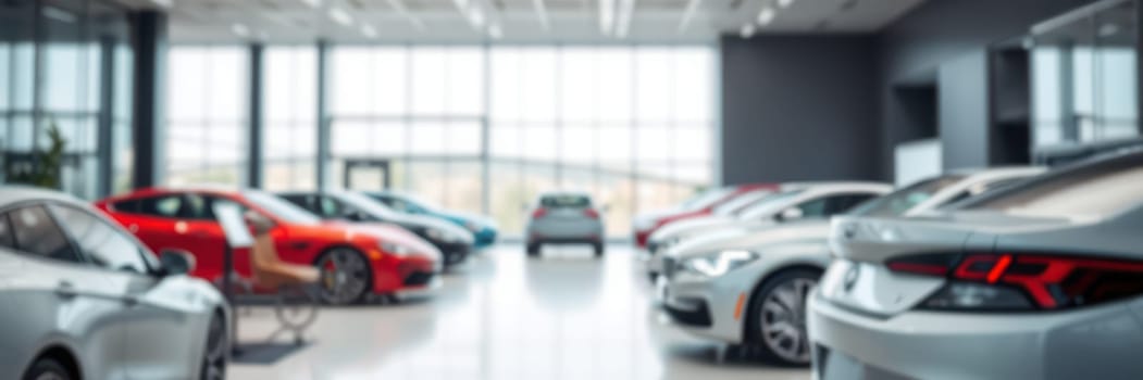 A contemporary car dealership features an array of vehicles including sedans and sports cars. Natural light floods the spacious showroom, enhancing the shiny finishes of the cars.