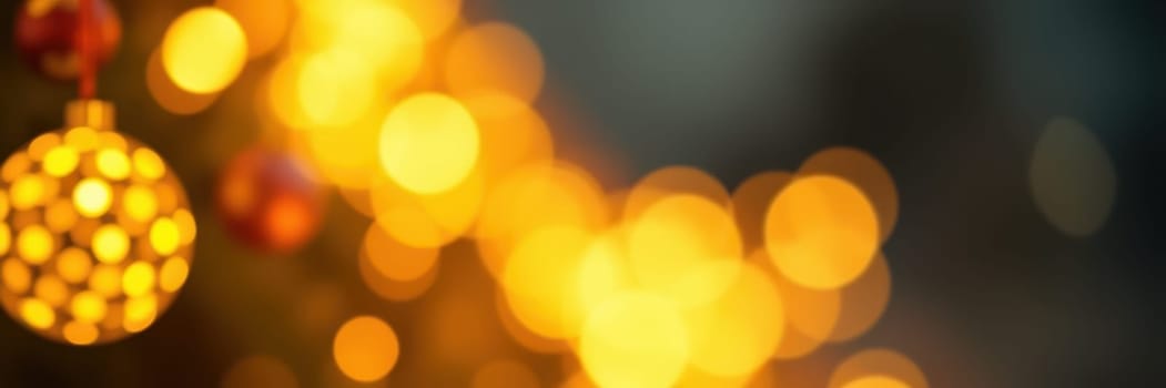 Bright golden bokeh lights softly illuminate the surroundings, evoking a warm and cheerful ambiance typical of holiday celebrations. The blurred effect enhances the festive feel.
