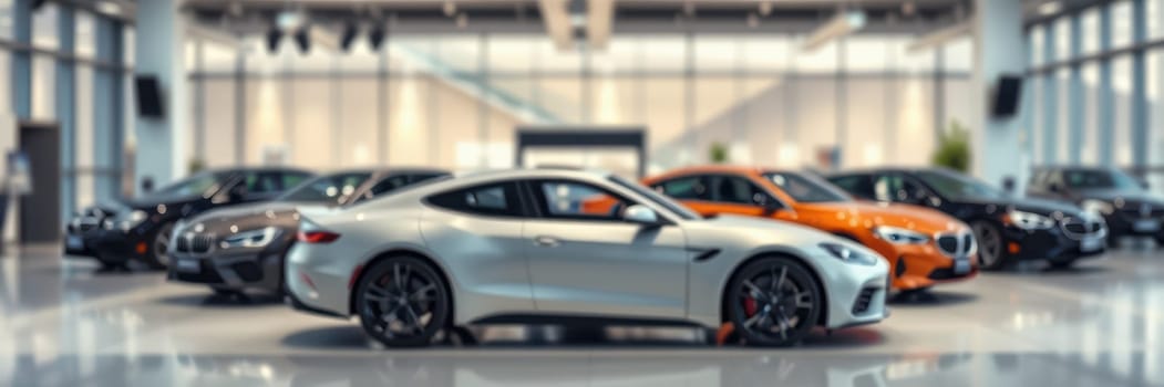 A variety of luxury cars including a shiny silver sports car and sleek black and orange vehicles are showcased in a well-lit, spacious showroom.