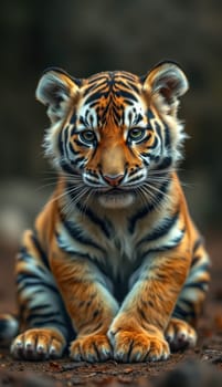 A young tiger rests in a natural setting, displaying its striking orange coat and black stripes. The sunlight highlights its inquisitive expression as it gazes ahead.