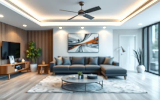 Bright and spacious living room showcases a modern sofa and stylish decor. Large windows let in natural light, creating a warm atmosphere.
