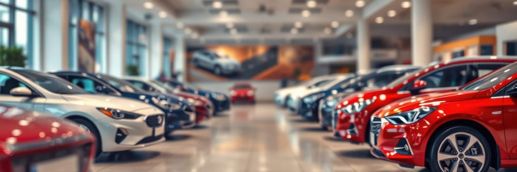The interior of a car showroom features an array of cars including red and white models. Natural light illuminates the space, enhancing the modern design and vibrant colors.