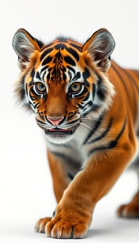 A vibrant tiger cub moves forward with an inquisitive expression. Its striking orange fur and bold black stripes stand out in the well-lit environment that captures its youthful energy.