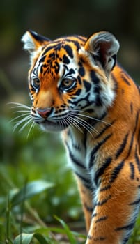 A young tiger with striking orange and black stripes sits attentively in a verdant environment, scanning its surroundings with keen interest. Sunlight filters through the leaves.