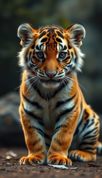 A young tiger gazes intently from its seated position, displaying striking orange and black stripes. The setting features a natural background, enhancing the wild atmosphere.