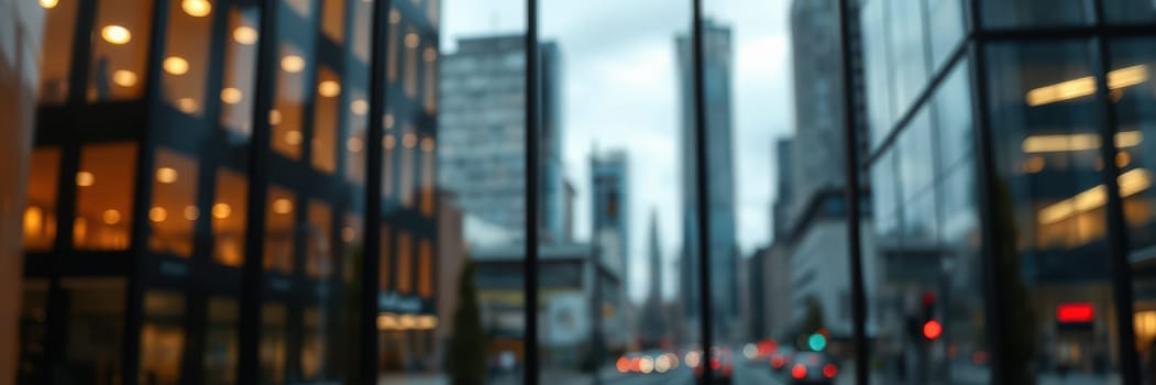 A bustling urban landscape displays tall buildings and a cloudy sky. The vibrant city streets are filled with cars and pedestrians, creating a lively atmosphere.