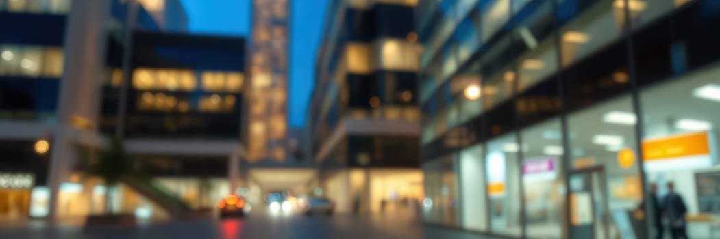 Urban landscape captures a vibrant atmosphere at dusk, highlighting modern architecture, glowing windows, and soft traffic motion in the city center.