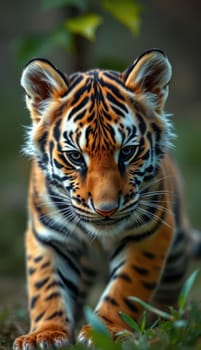 A young tiger moves gracefully among the vibrant greenery, showcasing its striking orange and black stripes. The soft lighting enhances the beauty of this wild creature.