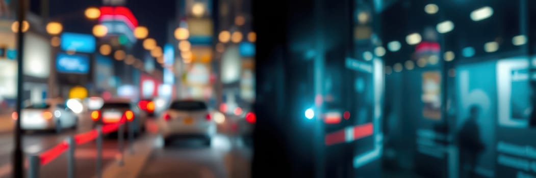 Vehicles move along a bustling city street at night, surrounded by bright lights and reflections. The atmosphere radiates energy and urban excitement, featuring pedestrians in view.