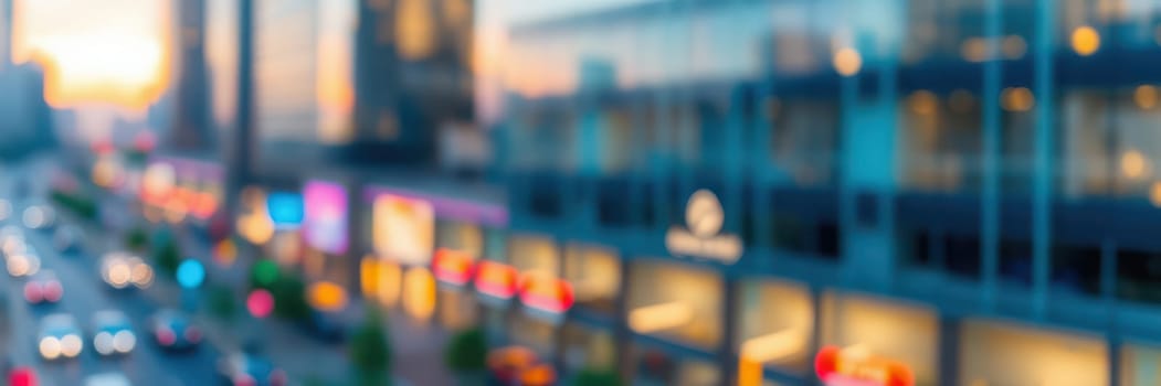 As the sun sets, a bustling city street fills with traffic and neon lights. Buildings reflect vibrant colors, creating a lively atmosphere in the urban setting.